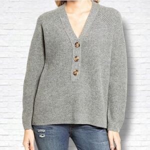 Madewell "Lyle" Grey Ribbed Henley Wool Blend Knit Boxy Fit Sweater Size S